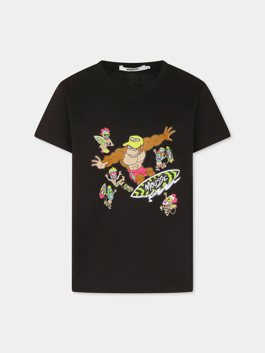 T-shirt nera per bambino con scimmia e mostri maori,Mousse Kids,SKTS383B