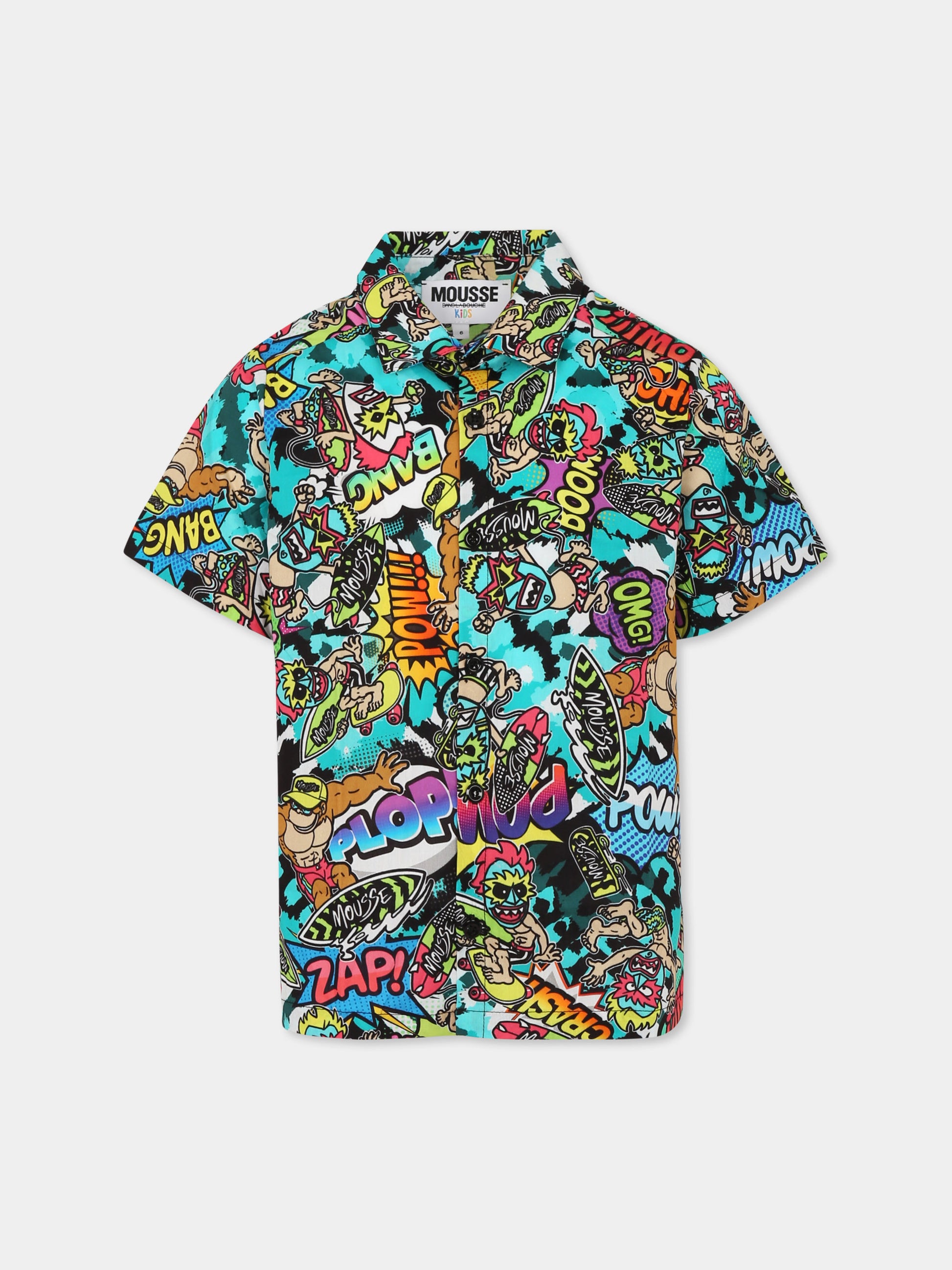 Camicia multicolor per bambino con scimmia e mostri maori all over,Mousse Kids,SKMP383