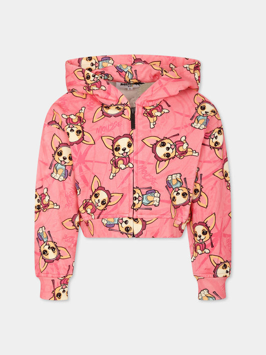 Felpa rosa per bambina con cane all over,Mousse Kids,SKHZ373