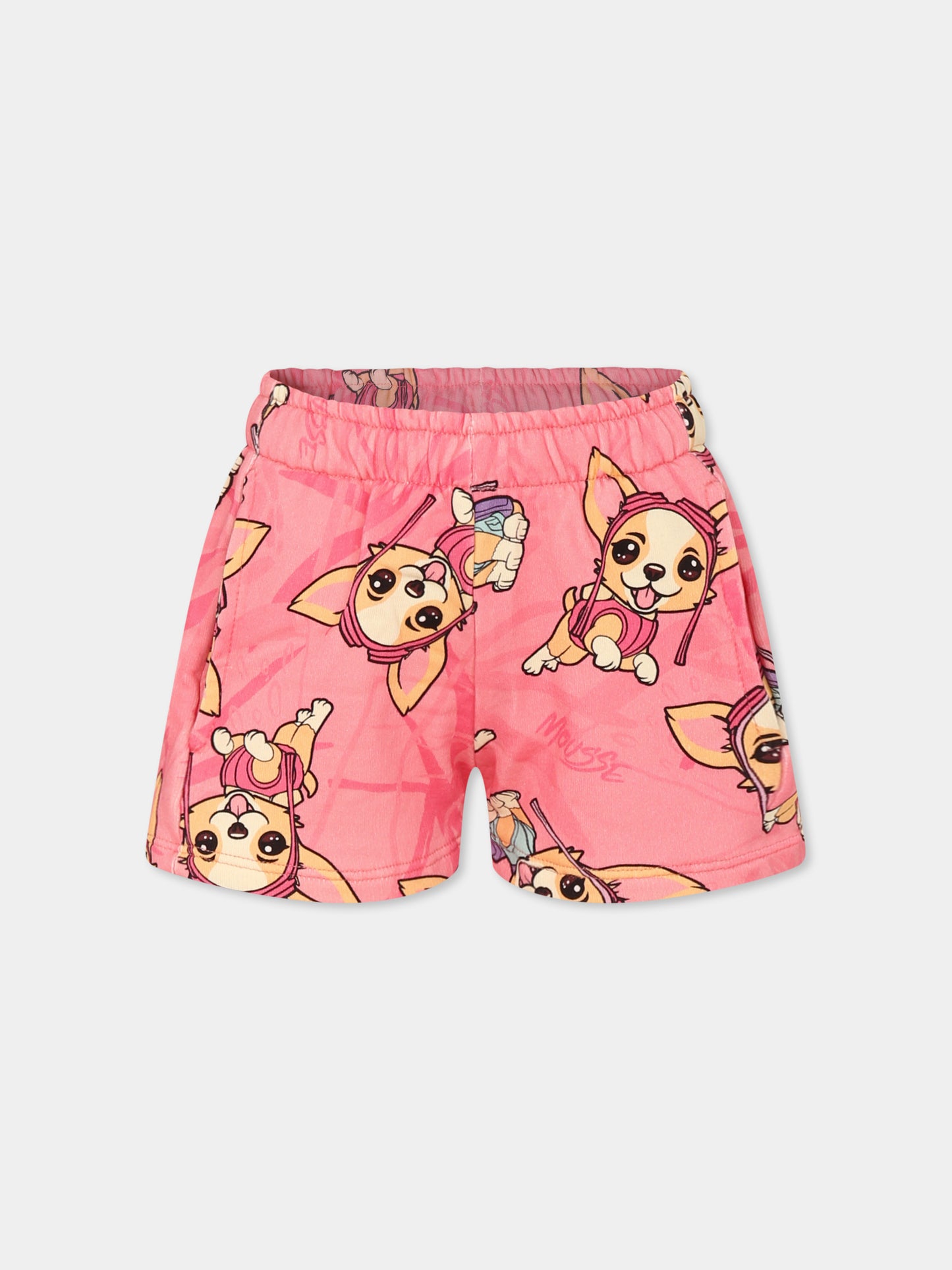 Shorts rosa per bambina con cane all over,Mousse Kids,SKSF373