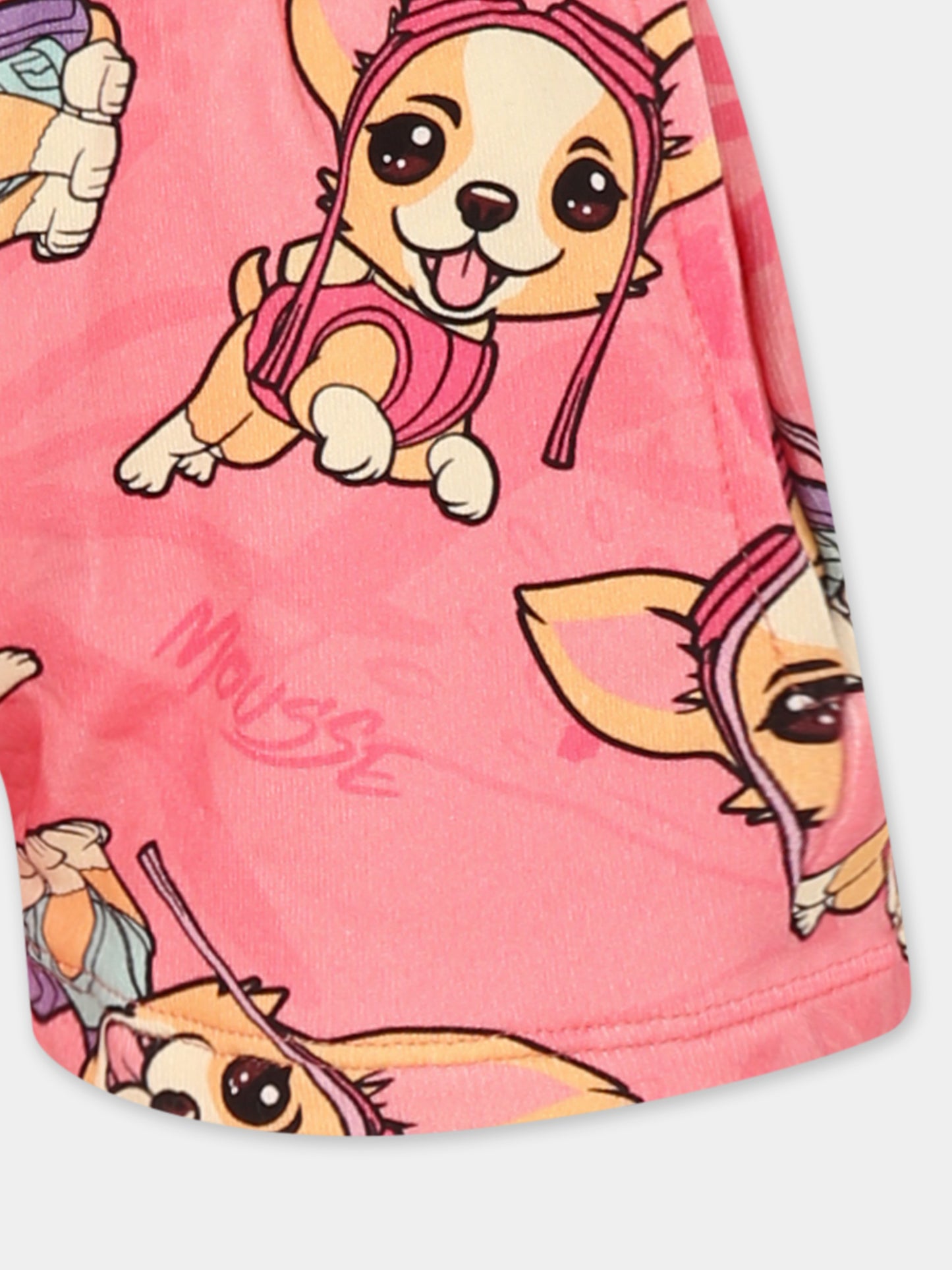 Shorts rosa per bambina con cane all over,Mousse Kids,SKSF373