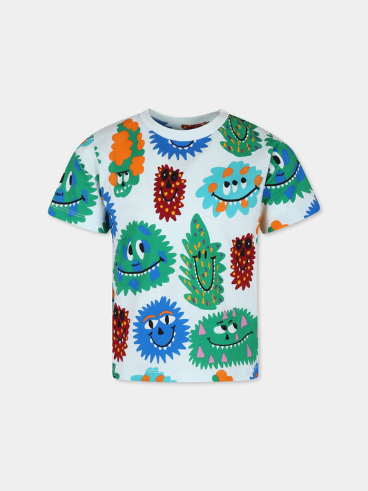 T-shirt celeste per bambino con mostri all over,Stella Mccartney Kids,TT8Q31 Z1392 101MC