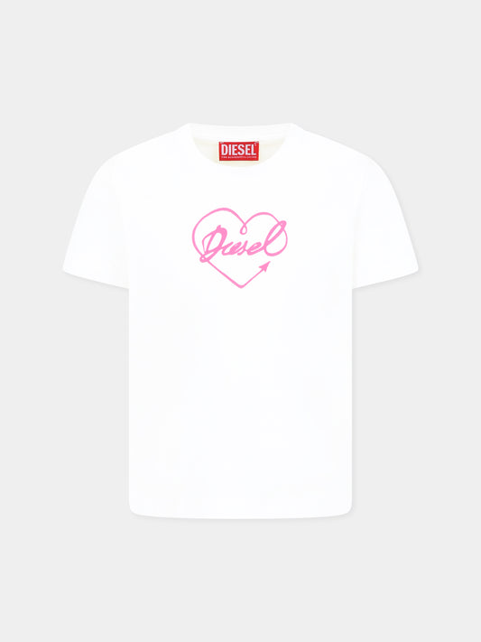 T-shirt bianca per bambina con cuore e logo,Diesel,J02026 KYAR1 K100