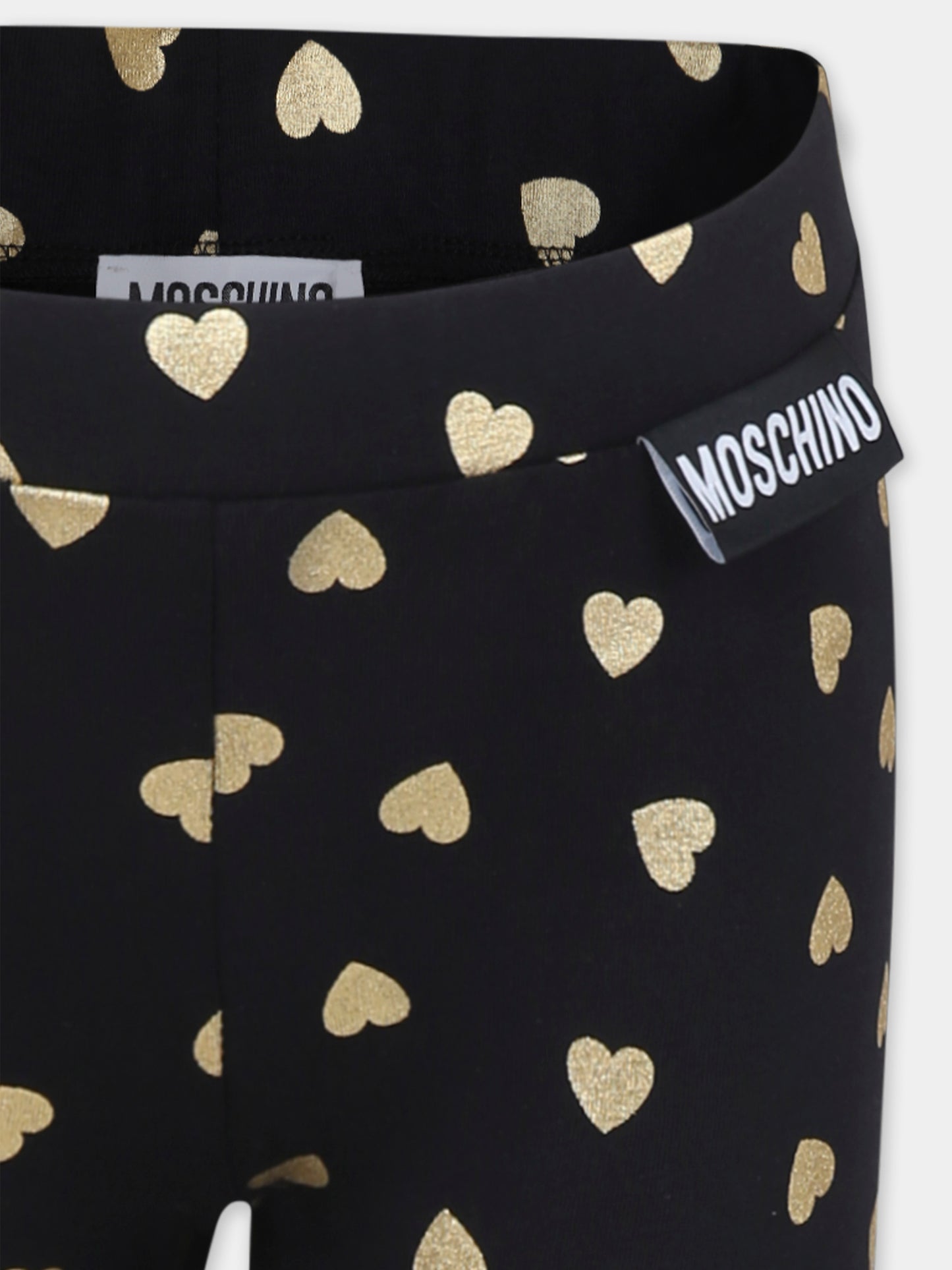 Leggings neri per bambina con logo e cuori all over,Moschino Kids,HDP066 LBB3E 86106