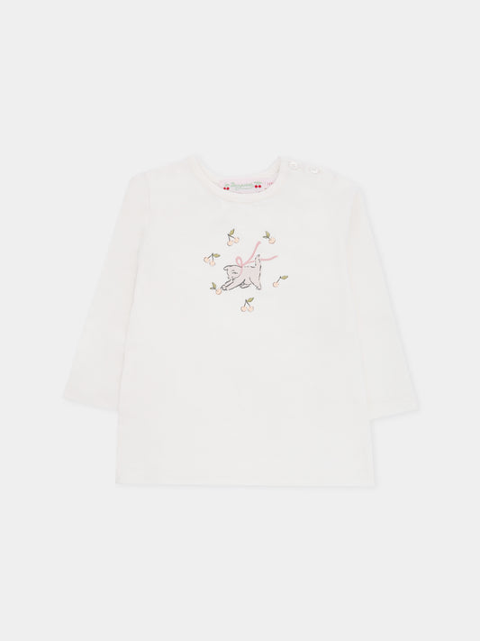 T-shirt avorio per neonata con ciliegie e gatto,Bonpoint,W05XTSK00003 103