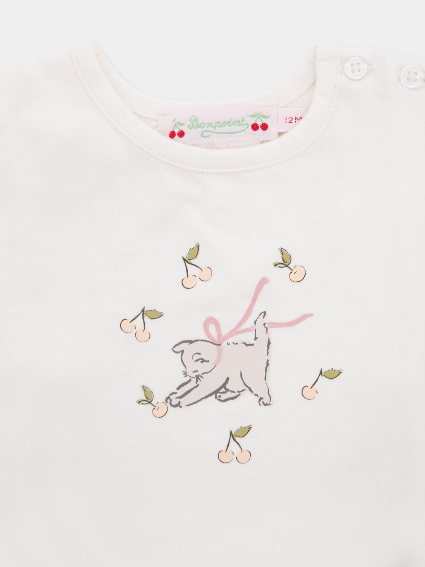 T-shirt avorio per neonata con ciliegie e gatto,Bonpoint,W05XTSK00003 103
