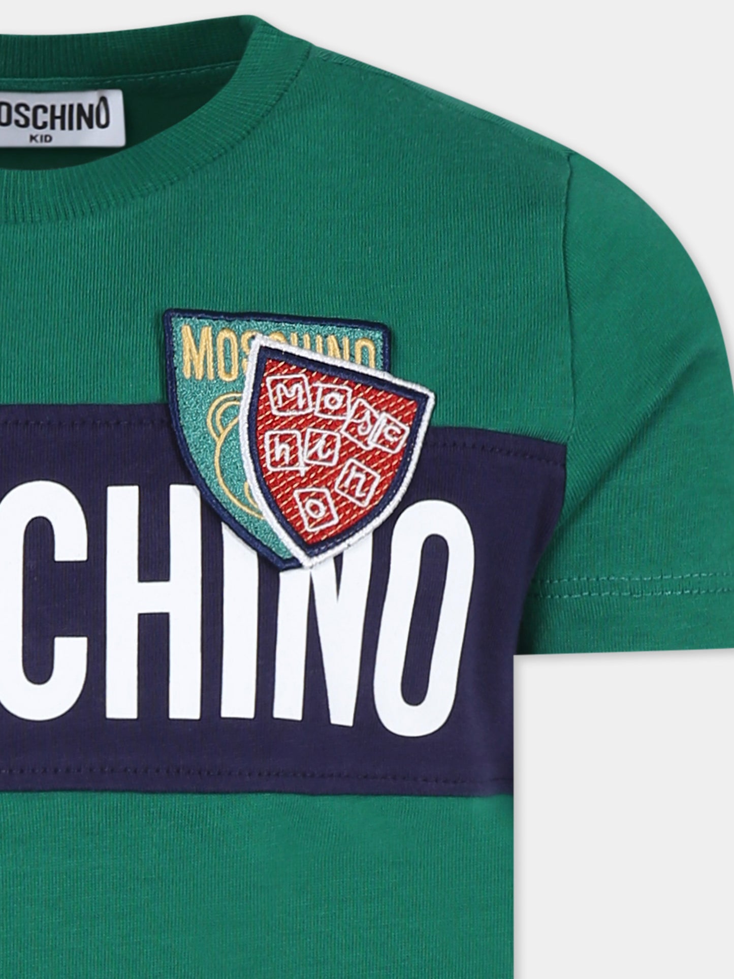 T-shirt verde per bambino con logo e stemmi,Moschino Kids,HUM04T LAA20 30139