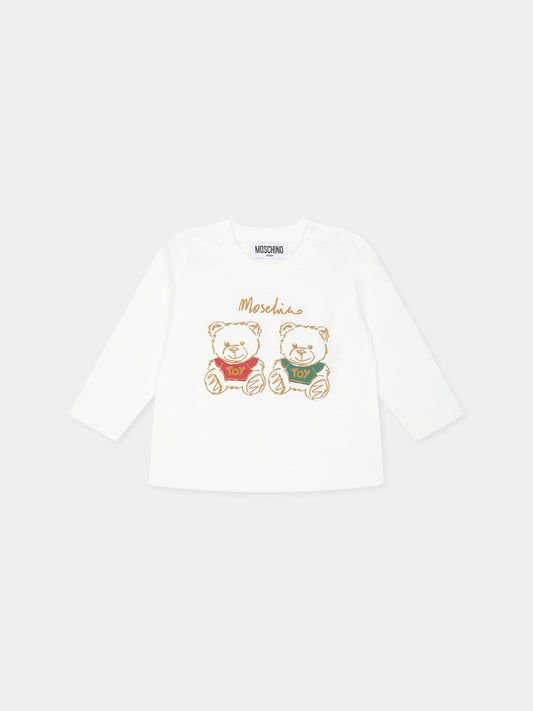 T-shirt bianca per neonato con due Teddy Bears e logo,Moschino Kids,MNO00R LAA01 10063