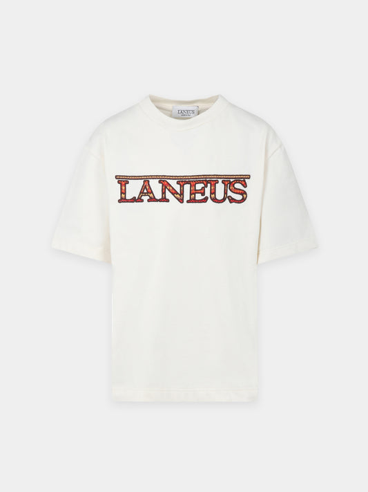 T-shirt avorio per bambini con logo ricamato,Laneus Kids,F5LKJUTH074 013