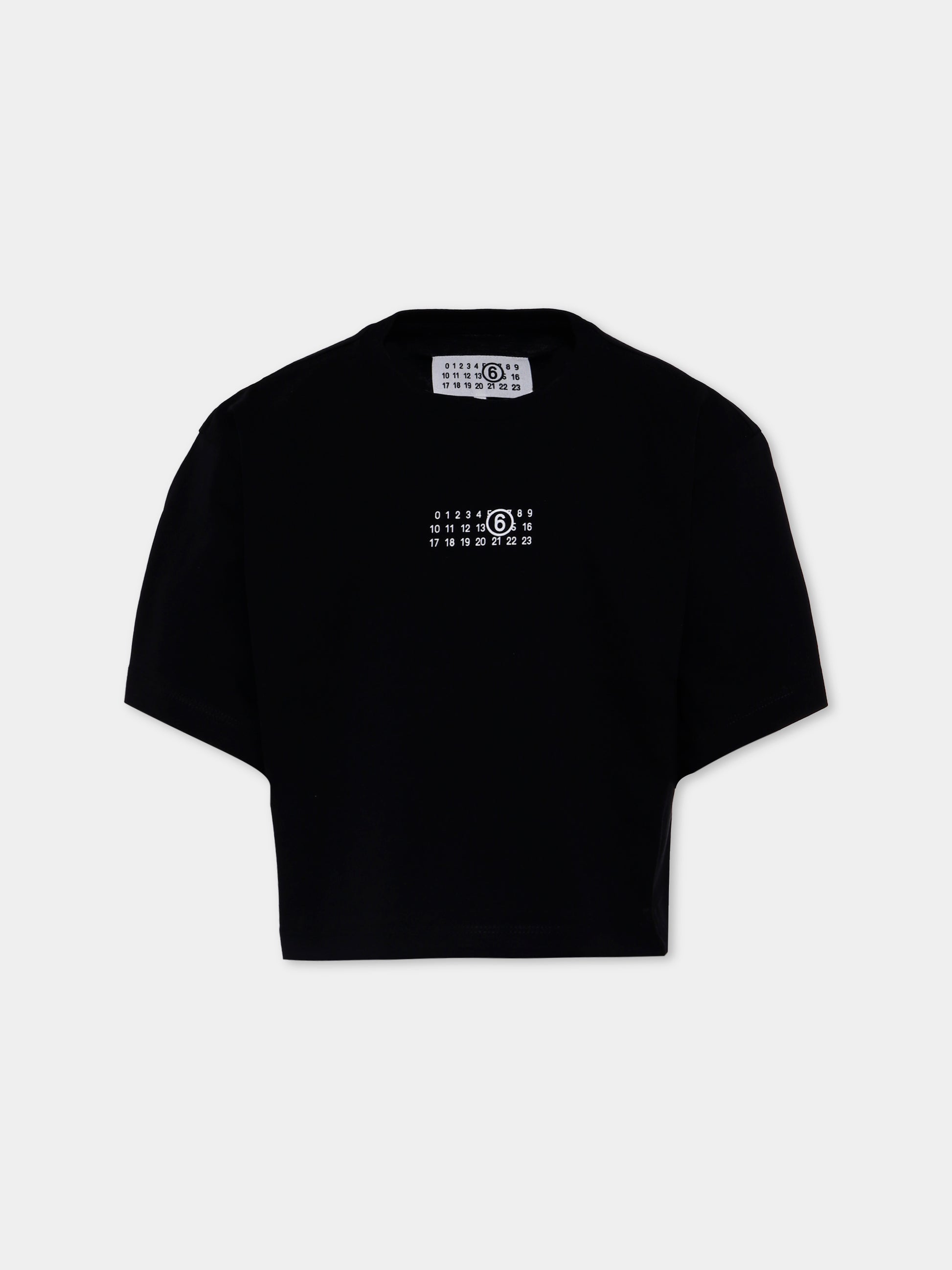 T-shirt crop nera per bambina con logo numerico,Mm6 Maison Margiela,M60908-MM04I-M6900