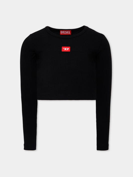 T-shirt crop nera per bambina con logo,Diesel,J02452-KYAZY-K900