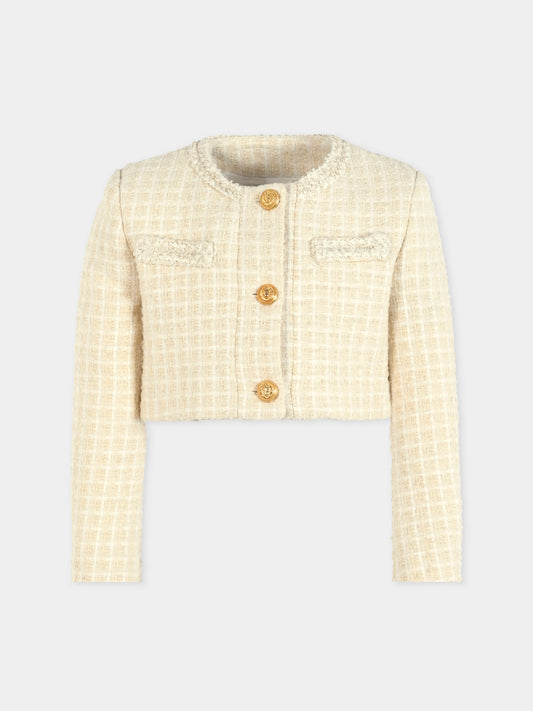 Giacca crop beige per bambina,Balmain Kids,BX2A64-E0228 109AV