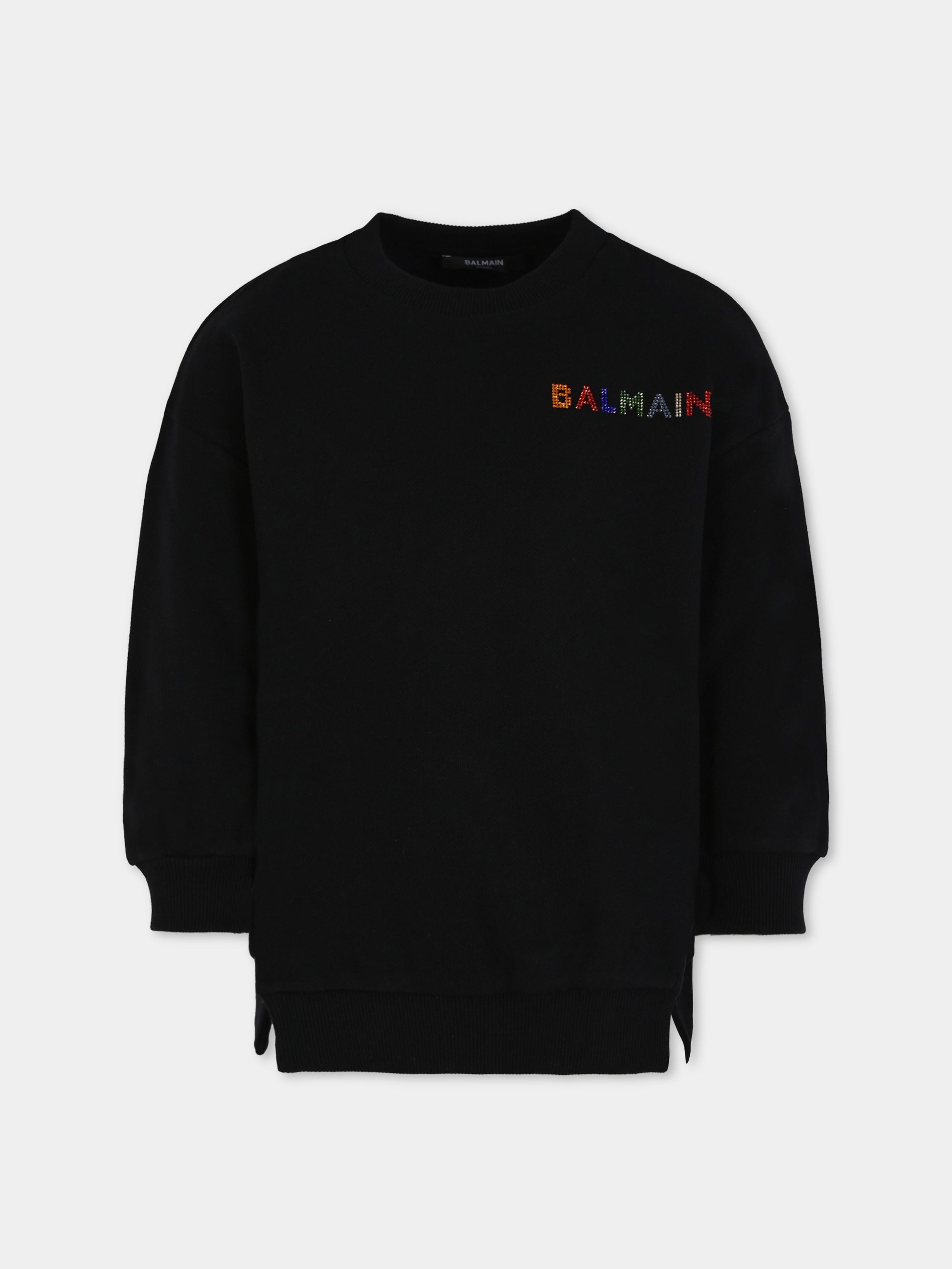 Felpa nera per bambina con logo di strass,Balmain Kids,BX4A70-Z3183 930MC