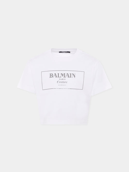 T-shirt crop bianca per bambina con logo,Balmain Kids,BX8A21-Z3186 100NE