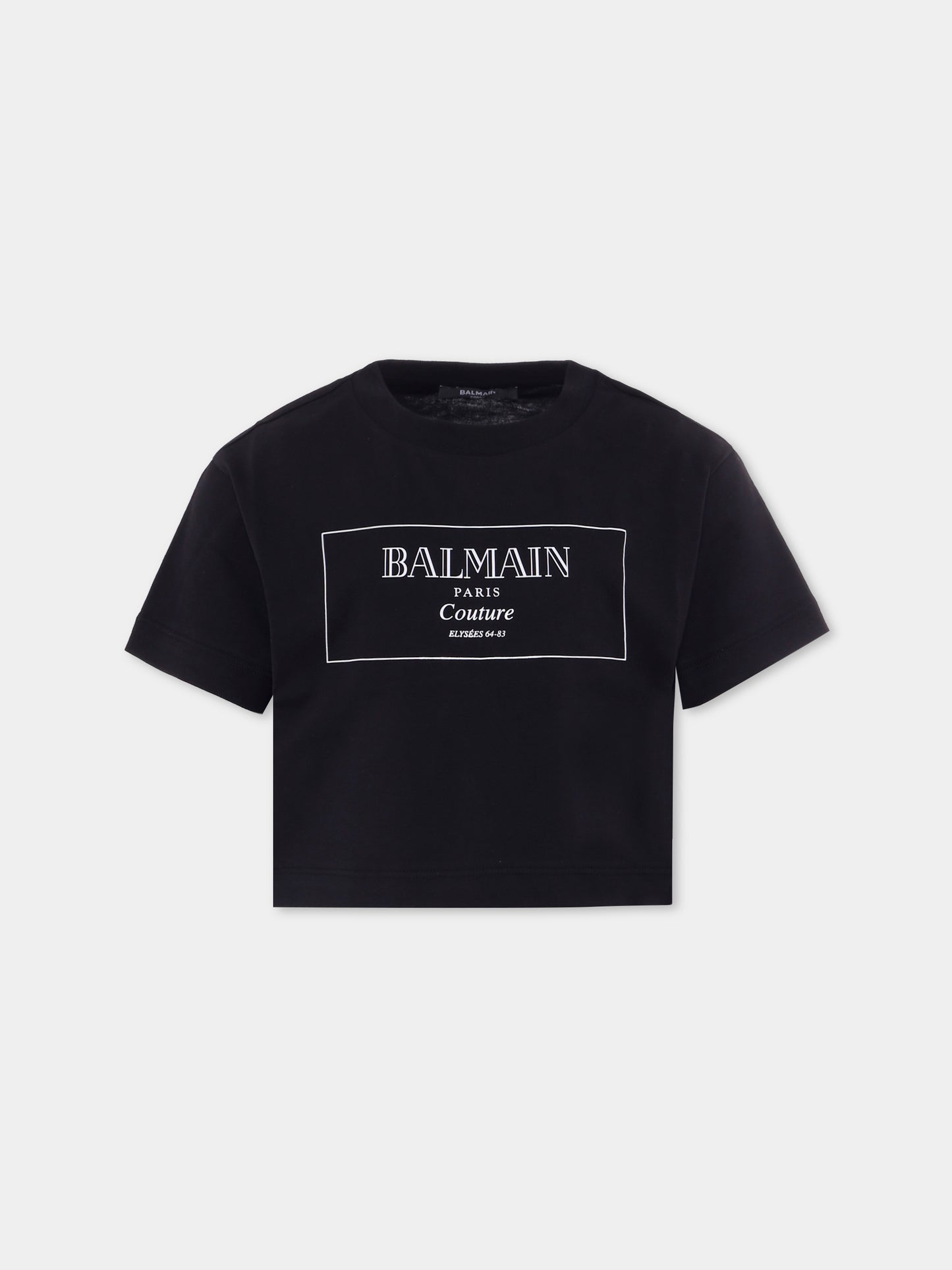 T-shirt crop nera per bambina con logo,Balmain Kids,BX8A21-Z3186 930BC