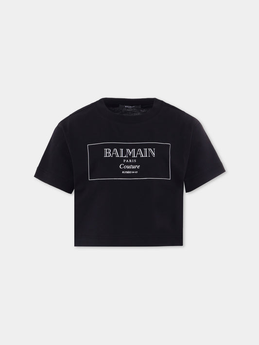 T-shirt crop nera per bambina con logo,Balmain Kids,BX8A21-Z3186 930BC