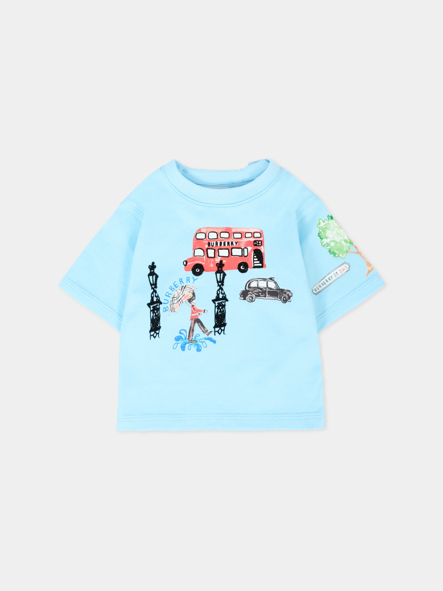 T-shirt azzurra per neonati con bus rosso e ombrello,Burberry Kids,8112574 C3044