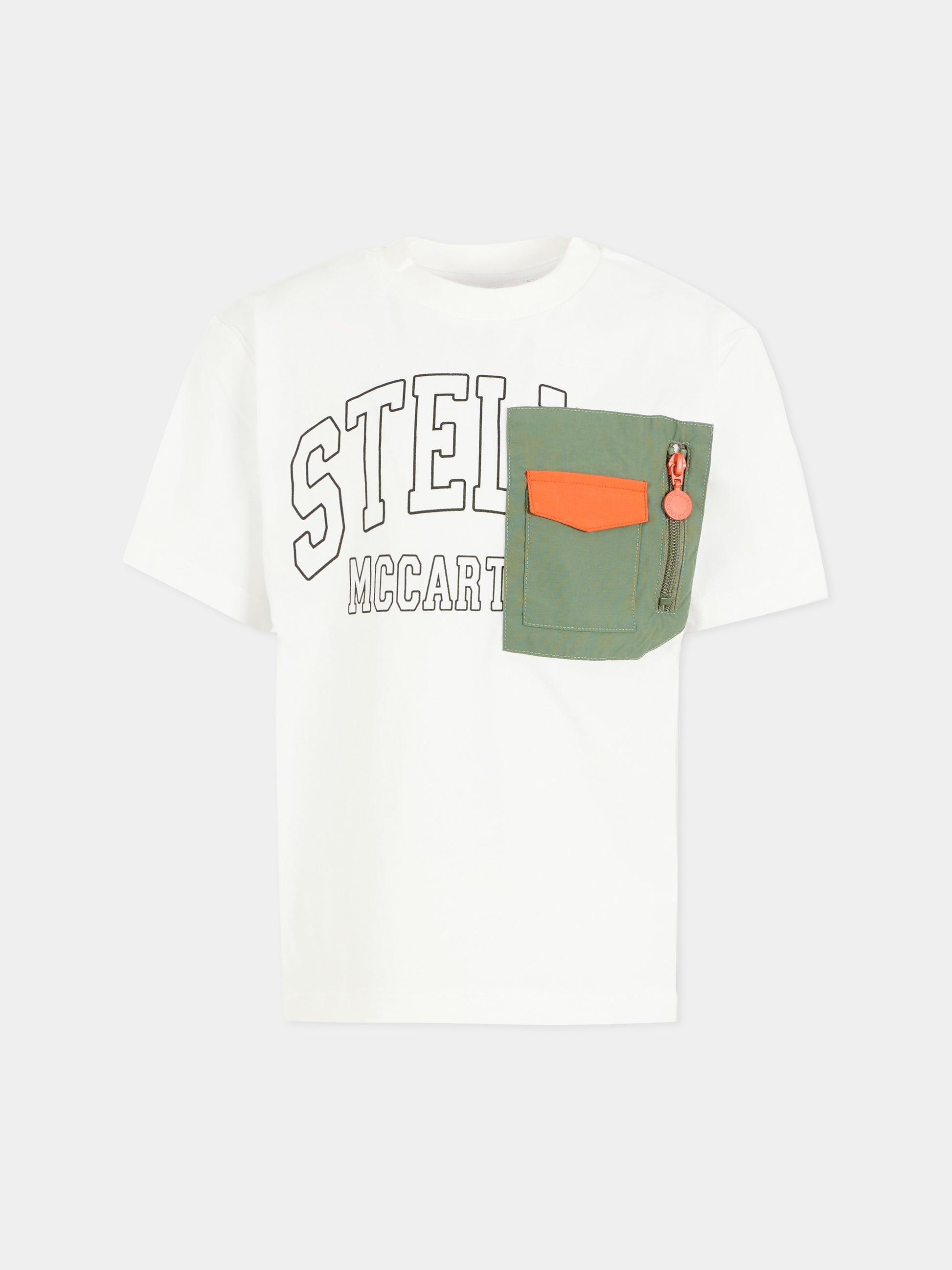 T-shirt bianca per bambino con tasca e logo,Stella Mccartney Kids,TX8R91 Z0434 100