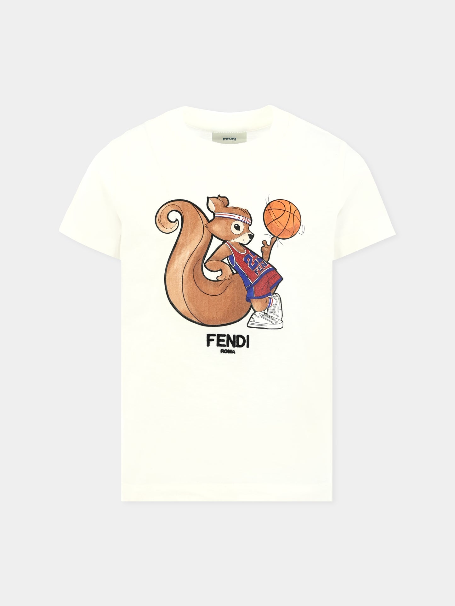T-shirt bianca per bambini con scoiattolo,Fendi Kids,JUI195 7AJ F0TU9