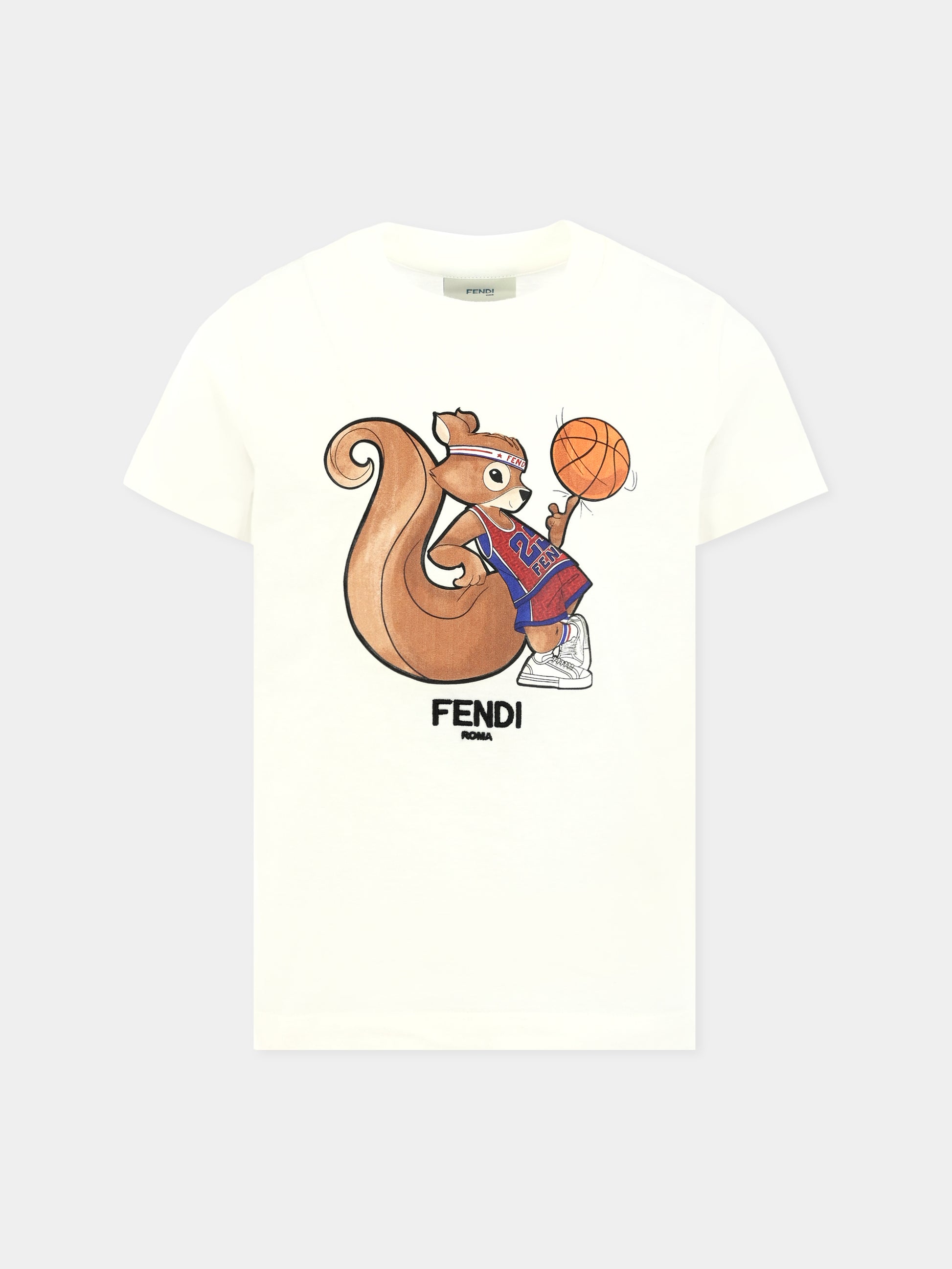 T-shirt bianca per bambini con scoiattolo,Fendi Kids,JUI195 7AJ F0TU9