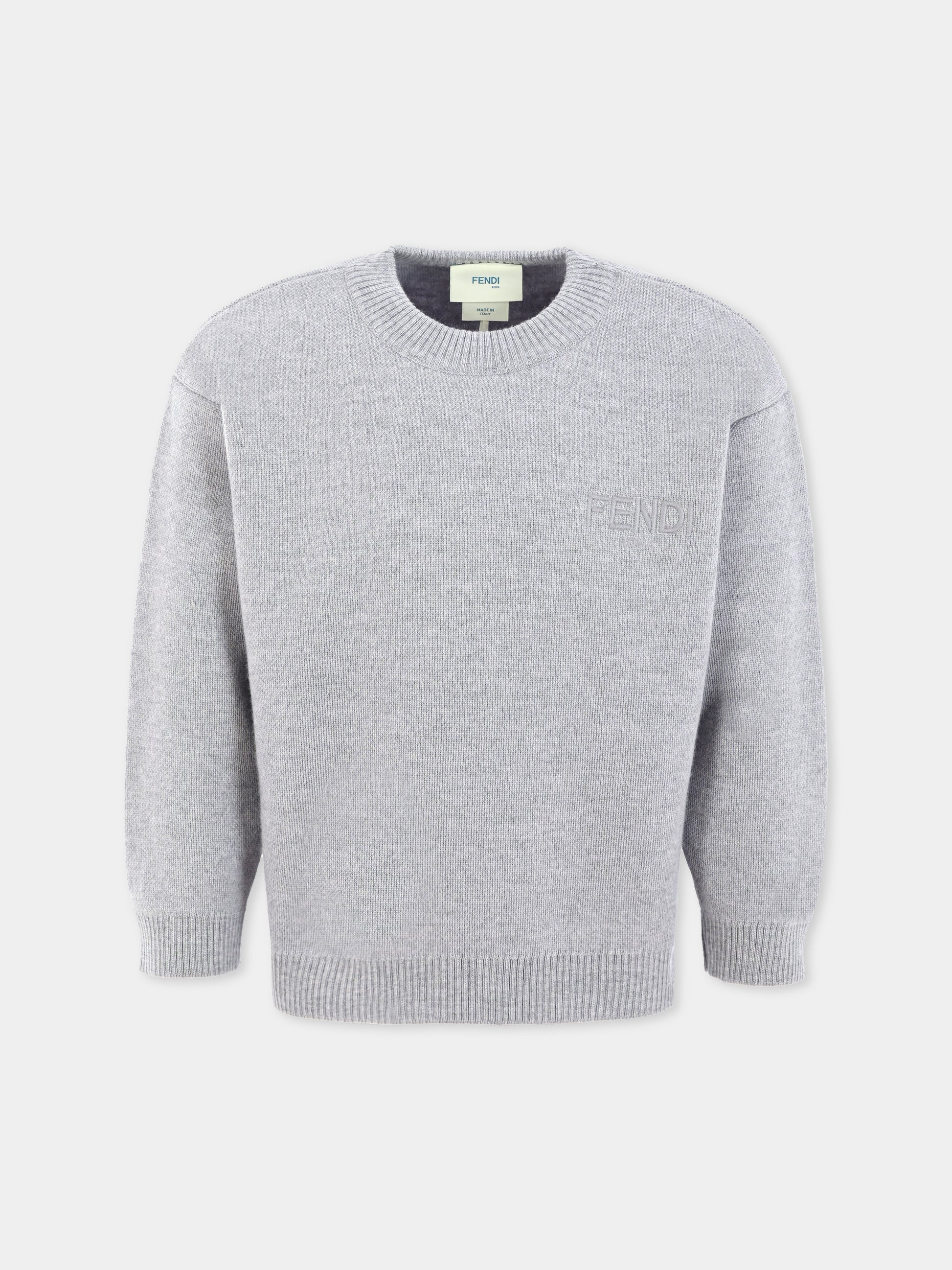 Maglione grigio per bambina con logo ricamato,Fendi Kids,JUG192 AUKU F0WG5