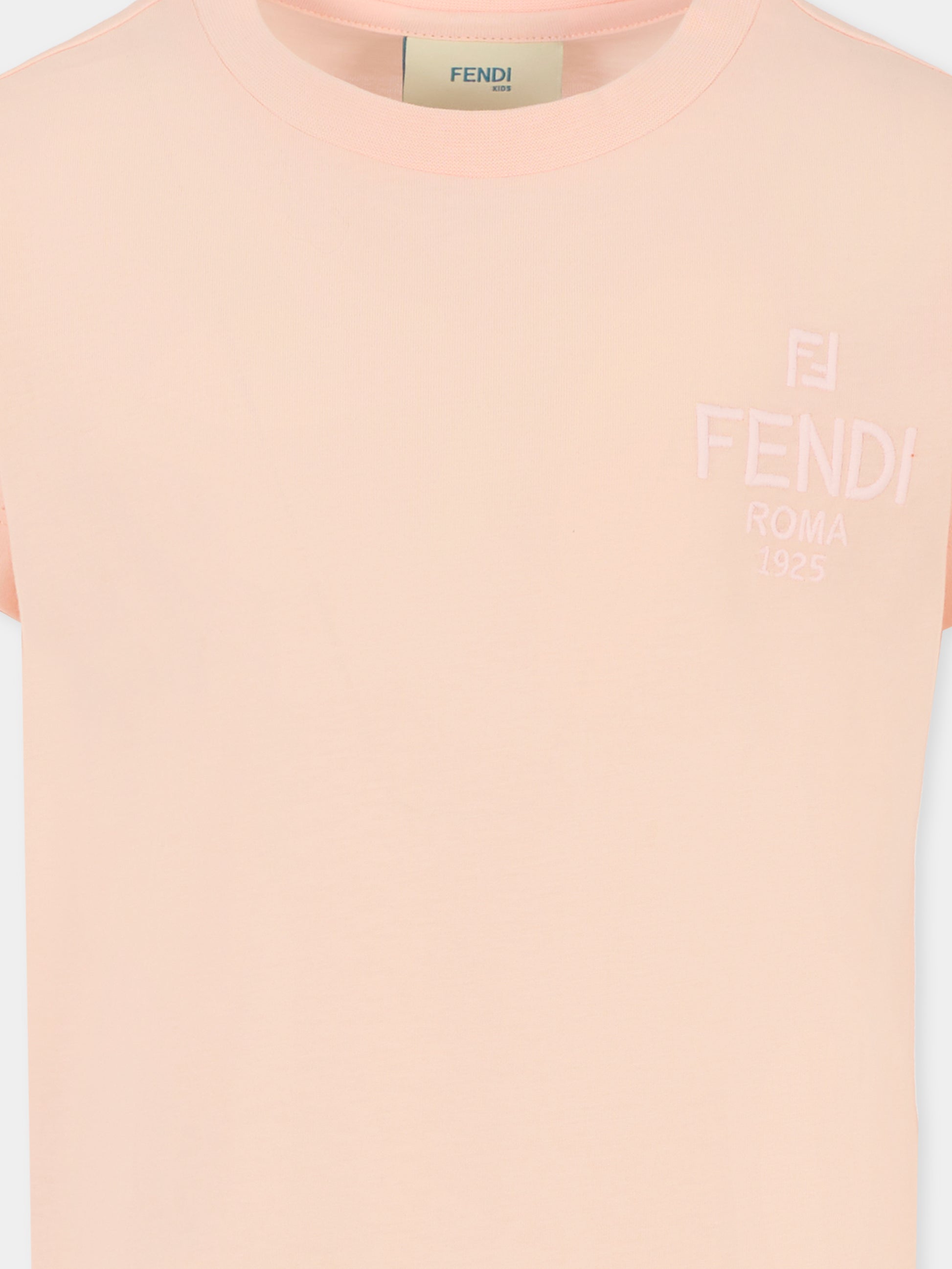 T-shirt rosa per bambina con logo ricamato,Fendi Kids,JUI190 7AJ F0ZKY