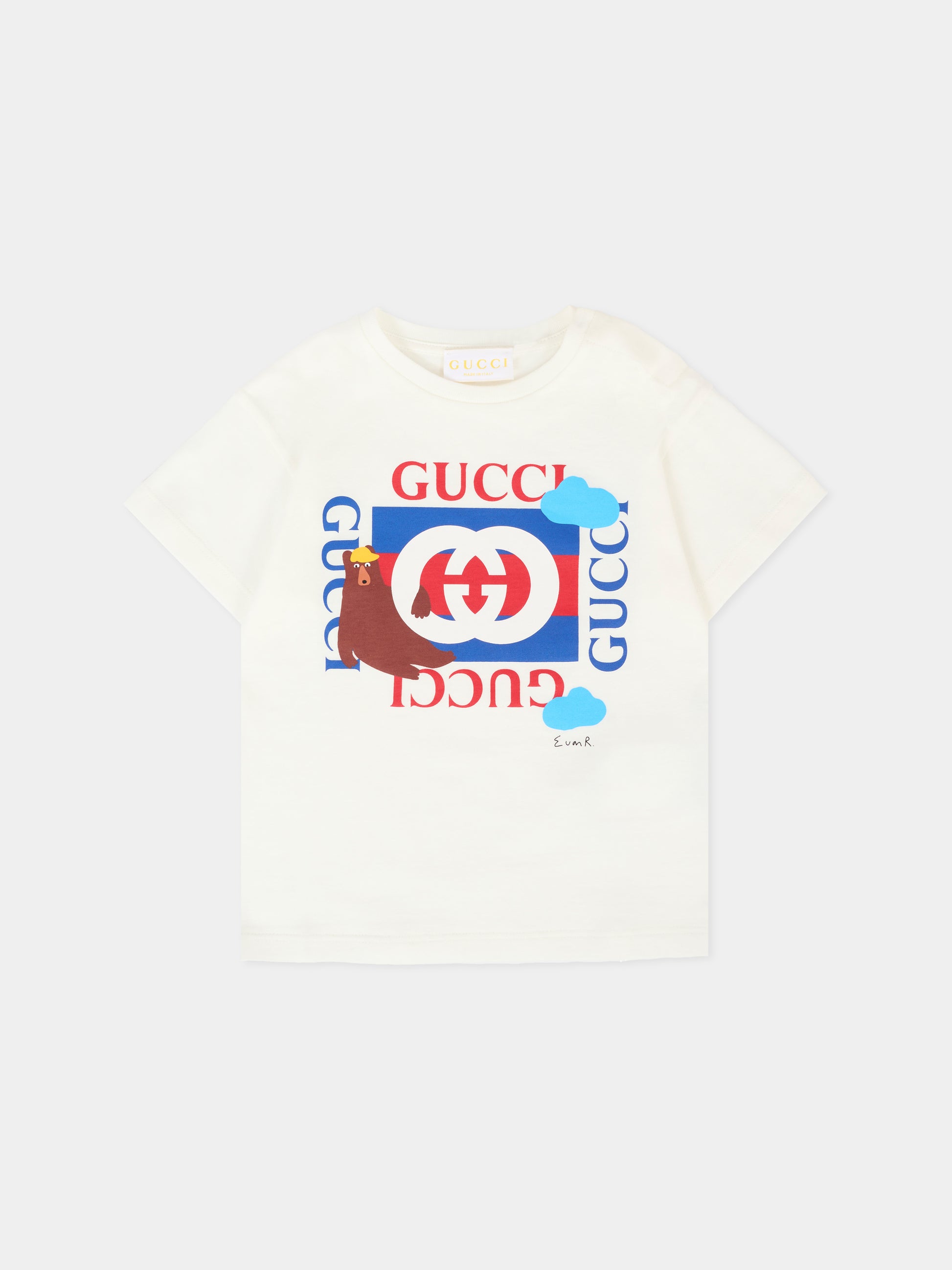 T-shirt bianca per neonato con stampa orso,Gucci Kids,837171 XJHE6 9214