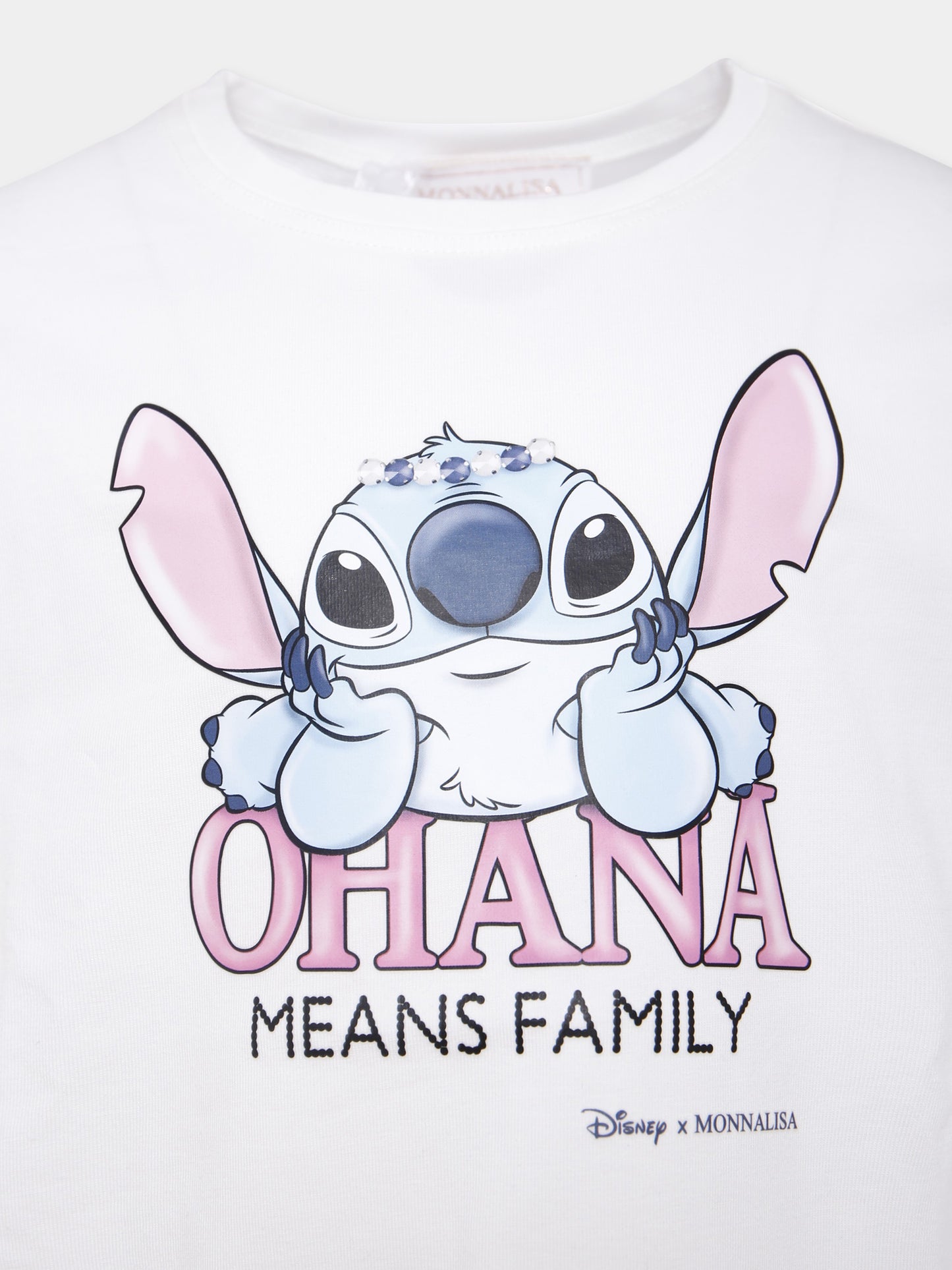 T-shirt bianca per bambina con stampa Stitch Ohana,Monnalisa,19F618 6013 0001