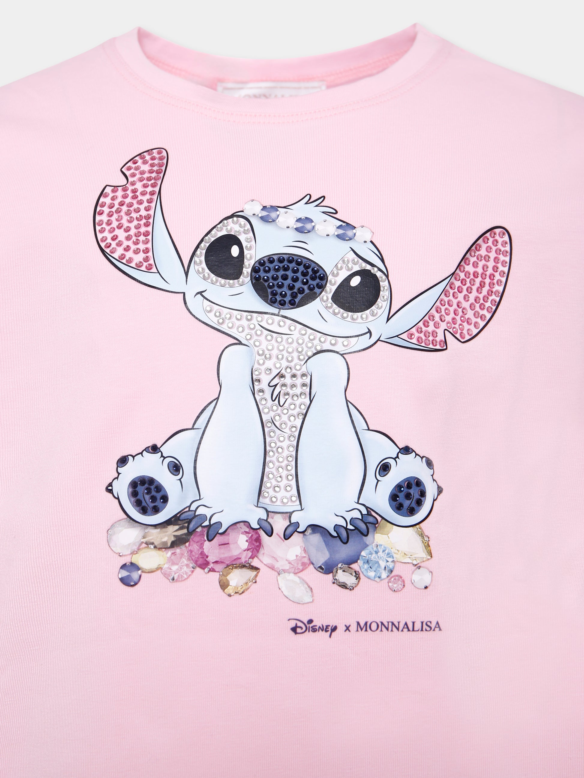 T-shirt rosa per bambina con stampa Stitch e strass,Monnalisa,19F610 6013 0090