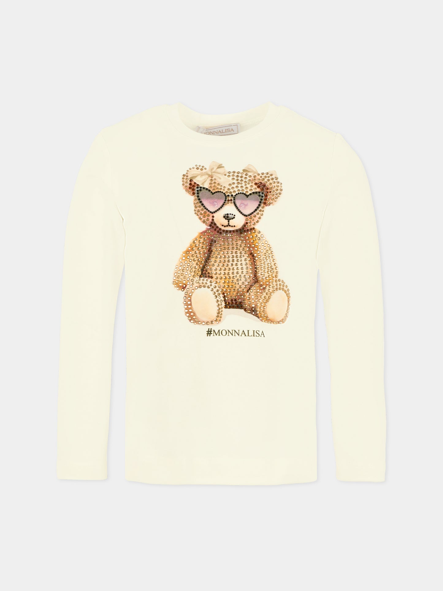 T-shirt bianca per bambina con orso e logo,Monnalisa,19F616 6003 0001