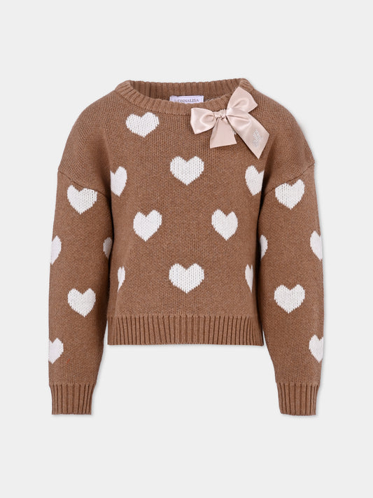 Maglione marrone per bambina con cuori all over,Monnalisa,17F603 6060 0006