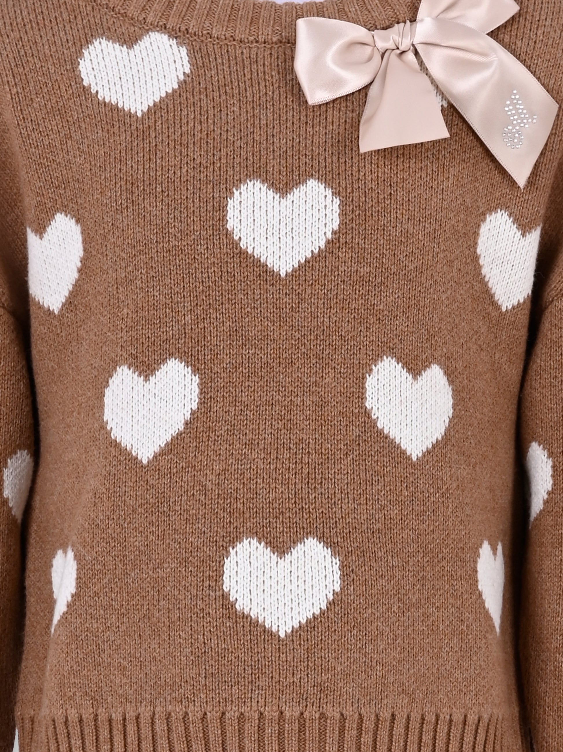 Maglione marrone per bambina con cuori all over,Monnalisa,17F603 6060 0006