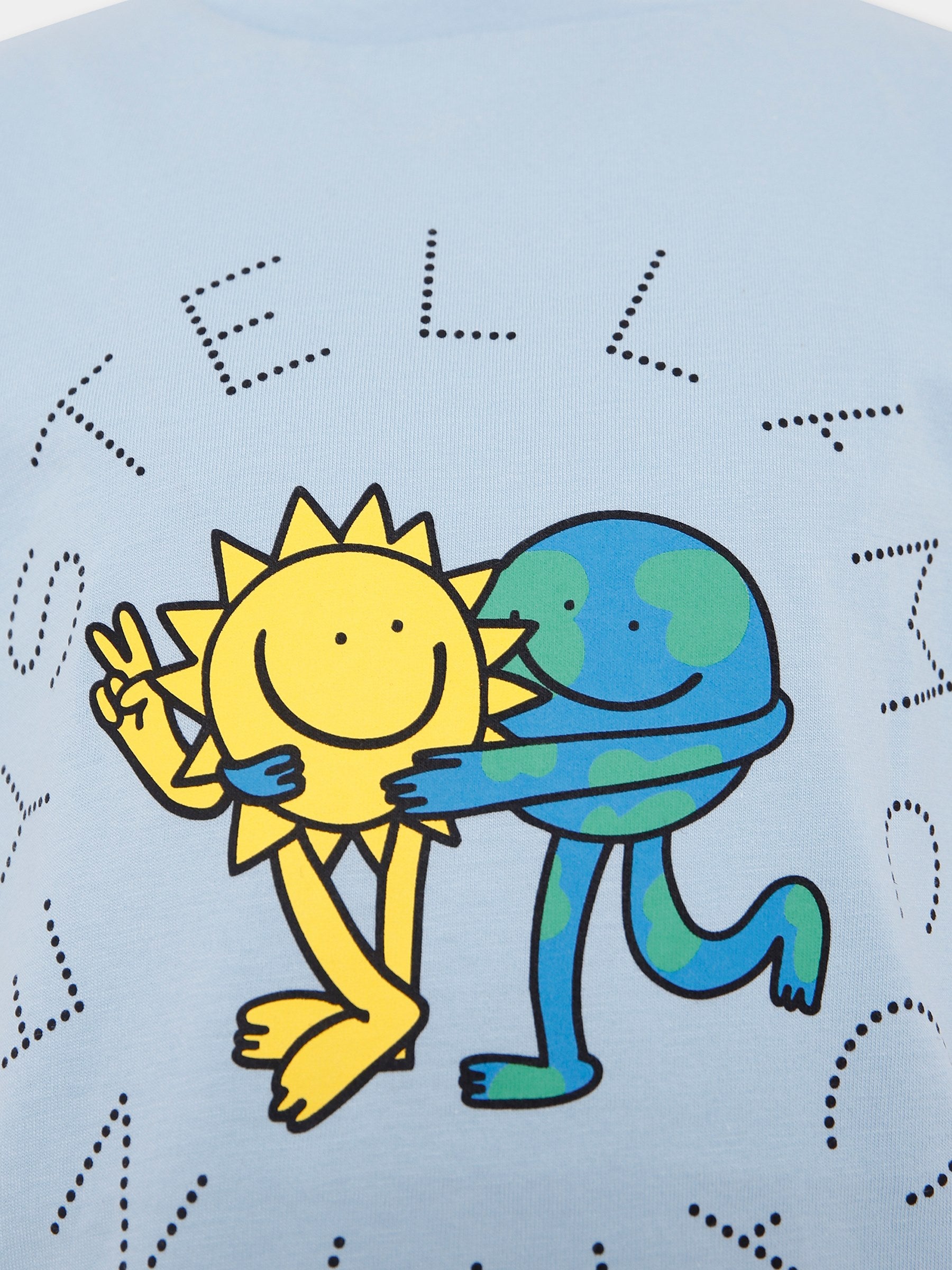 T-shirt celeste per bambino con sole e mondo sorridenti,Stella Mccartney Kids,TX8Q01 Z0434 670