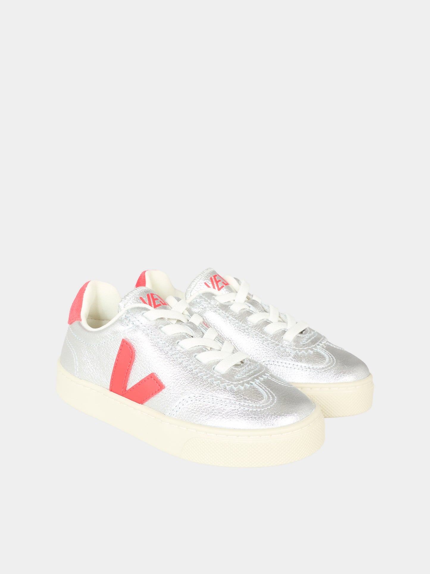 Sneakers argentate per bambina con logo rosso,Veja,SY2021183C