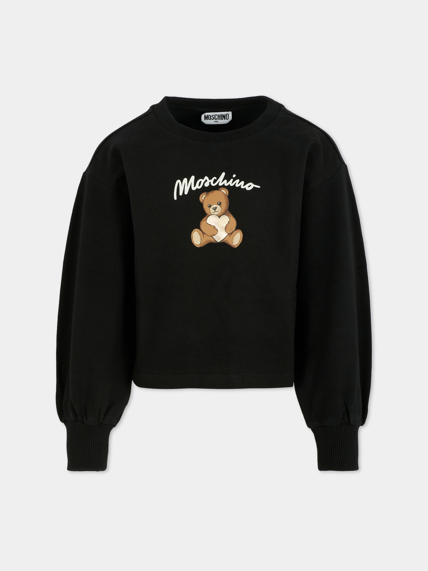 Felpa crop nera per bambina con Teddy Bear e cuore,Moschino Kids,HDF06E LDA14 60100