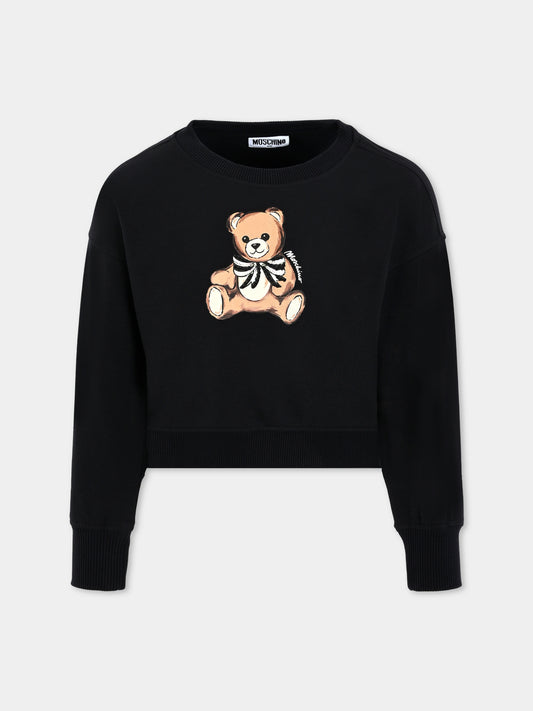 Felpa crop nera per bambina con Teddy Bear e paillettes,Moschino Kids,HDF06G LDA16 60100