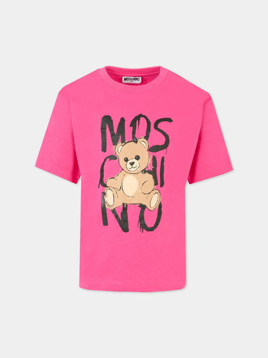 T-shirt fucsia per bambina con Teddy Bear e logo,Moschino Kids,HNM05G LAA20 50541