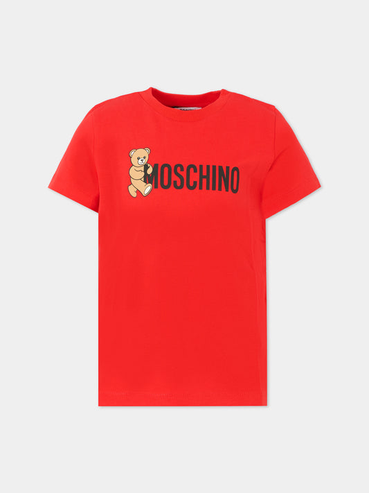 T-shirt rossa per bambini con Teddy Bear e logo,Moschino Kids,HPM058 LAA34 50109