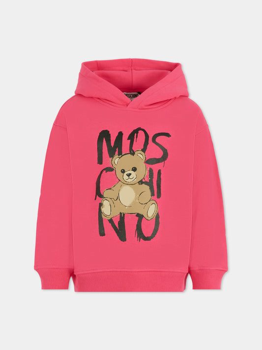 Felpa fucsia per bambina con Teddy Bear e logo,Moschino Kids,HUF098 LCA77 50541