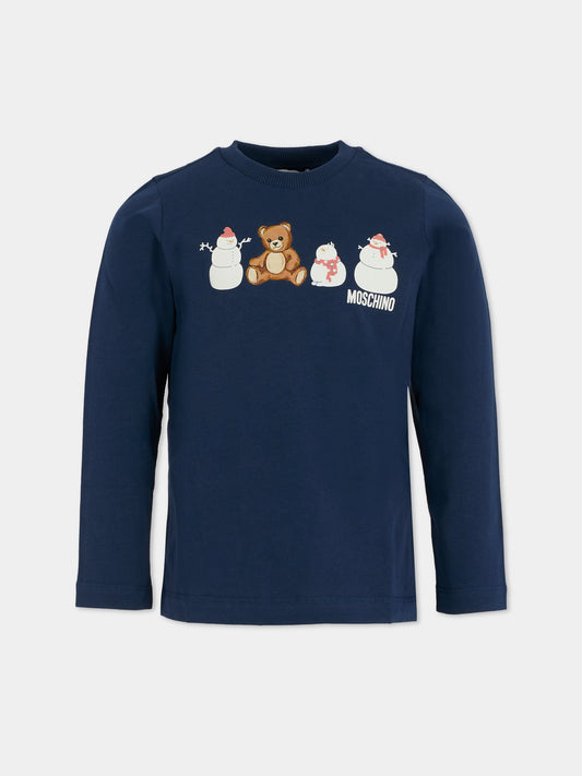 T-shirt blu per bambini con Teddy Bear e pupazzi di neve,Moschino Kids,HUO00Z LAA01 40016