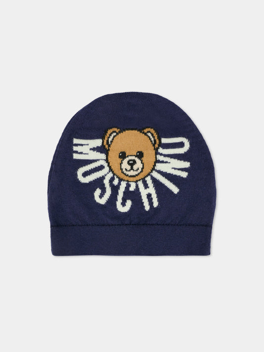 Berretto blu per bambini con Teddy Bear e logo,Moschino Kids,HUX02O LHE43 40016