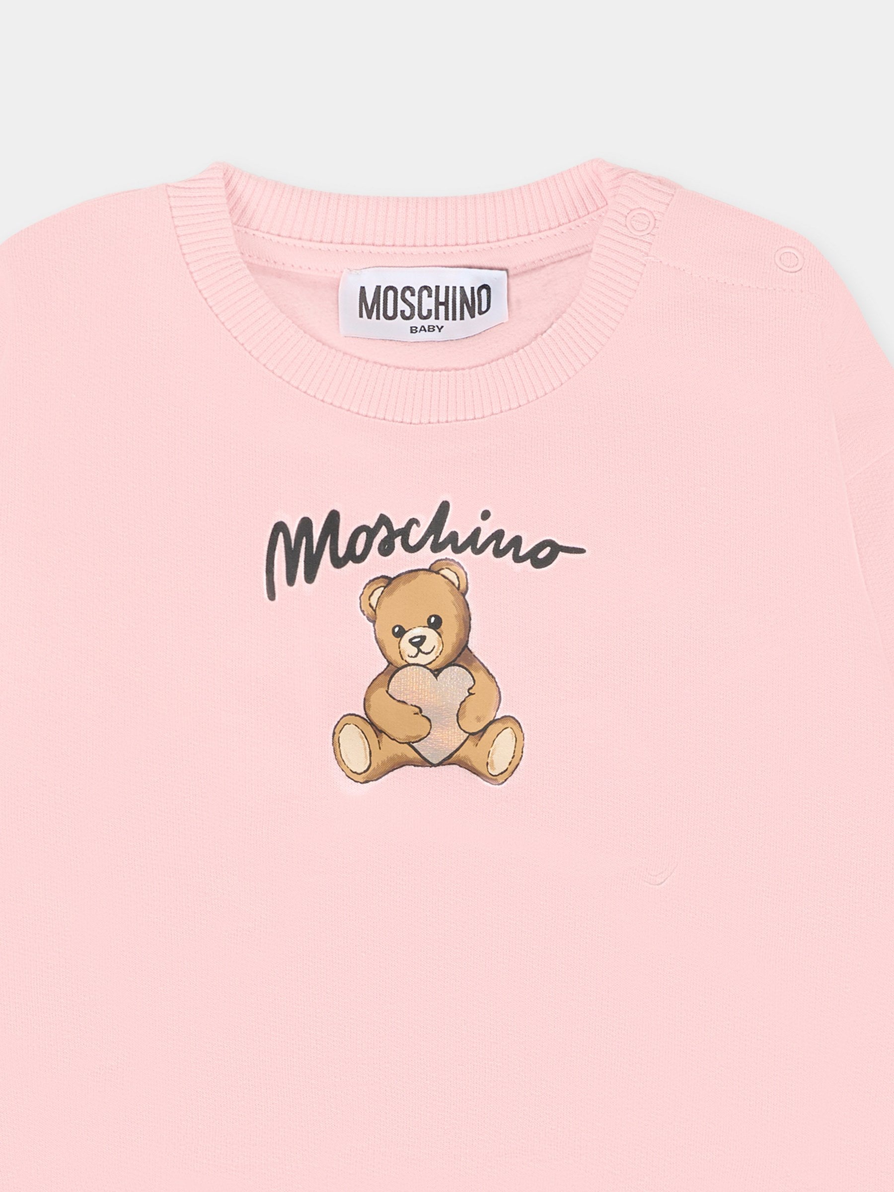 Felpa rosa per neonata con Teddy Bear e logo,Moschino Kids,MDF033 LCA40 50209