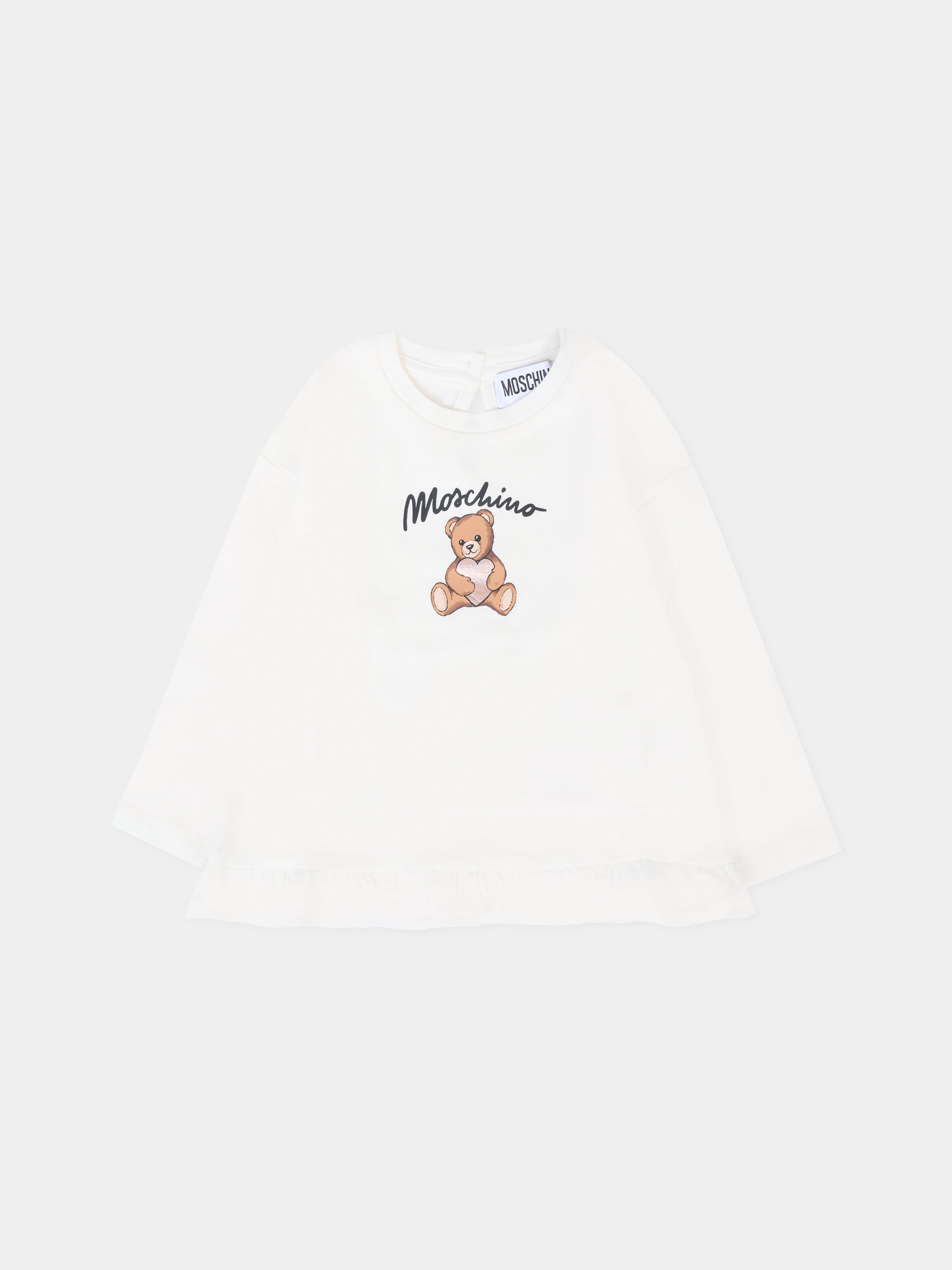 T-shirt avorio per neonata con Teddy Bear e cuore,Moschino Kids,MDO00S LBA11 10063