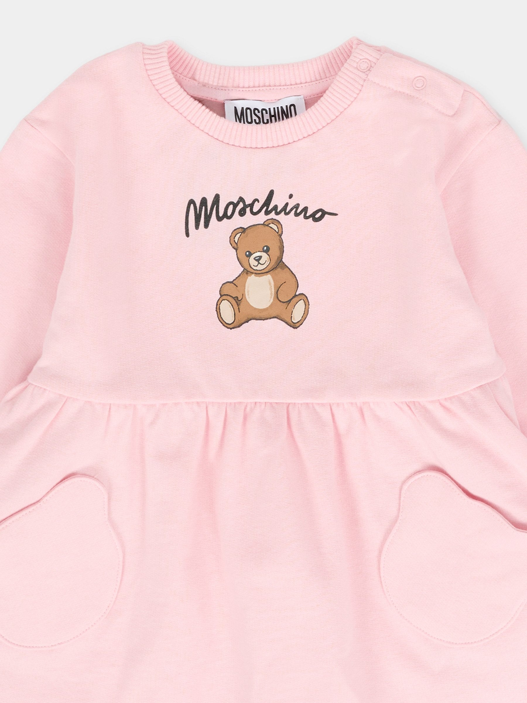 Vestito rosa per neonata con Teddy Bear e logo,Moschino Kids,MDV0CU LCA40 50209
