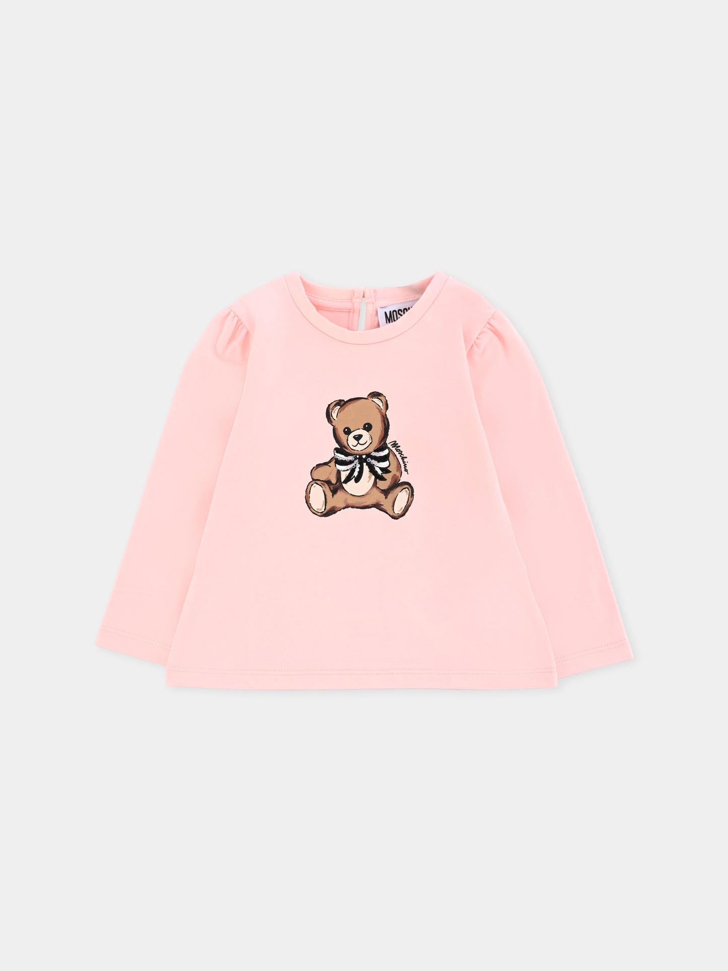 T-shirt rosa per neonata con Teddy Bear e paillettes,Moschino Kids,MEO001 LBA11 50209