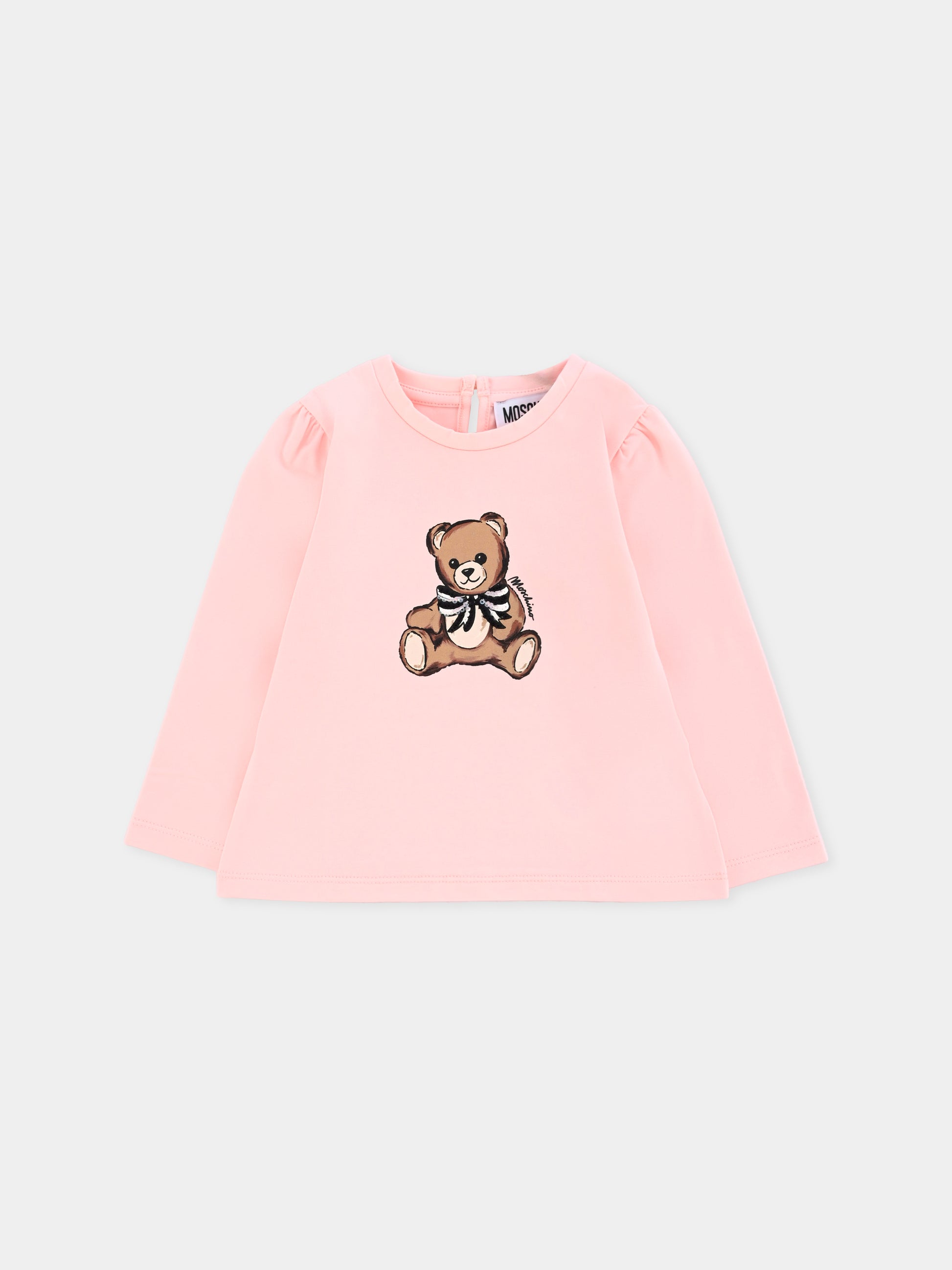 T-shirt rosa per neonata con Teddy Bear e paillettes,Moschino Kids,MEO001 LBA11 50209