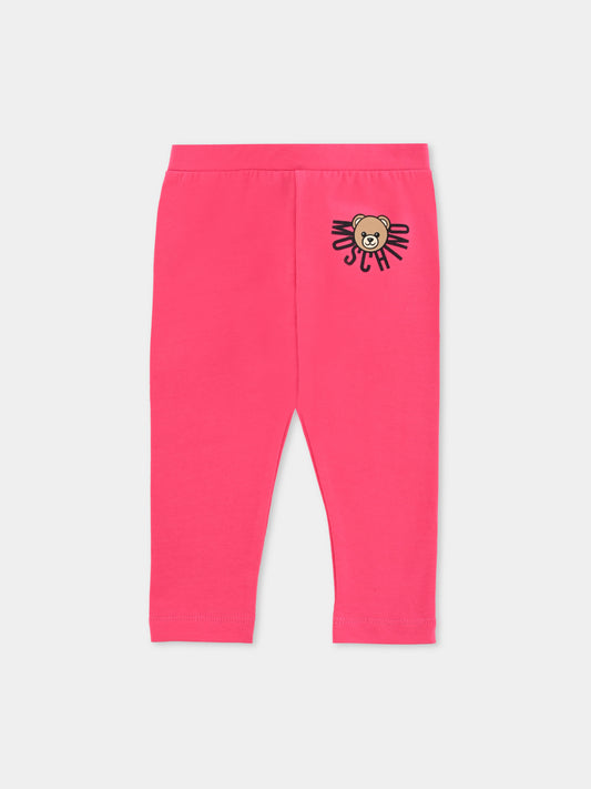 Leggings fucsia per neonata con logo e Teddy Bear,Moschino Kids,MGP032 LBA23 50541