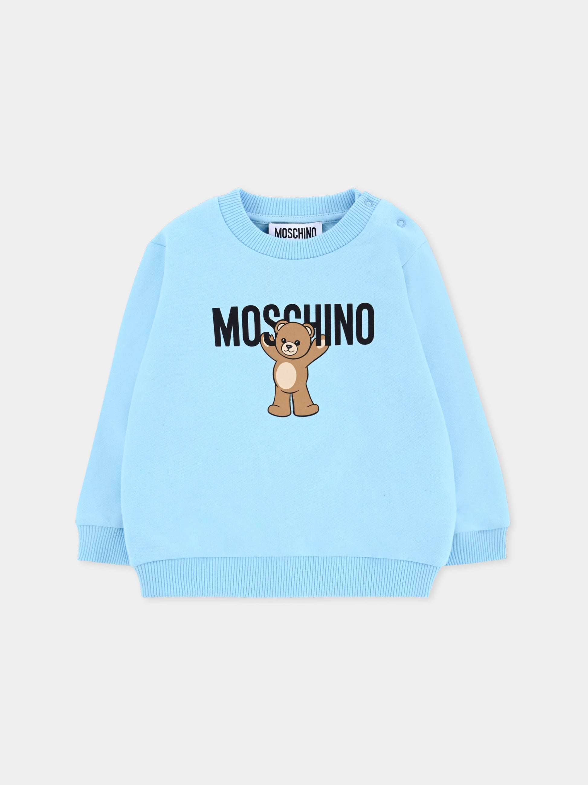 Felpa celeste per neonato con logo e Teddy Bear,Moschino Kids,MNF060 LCA40 40304