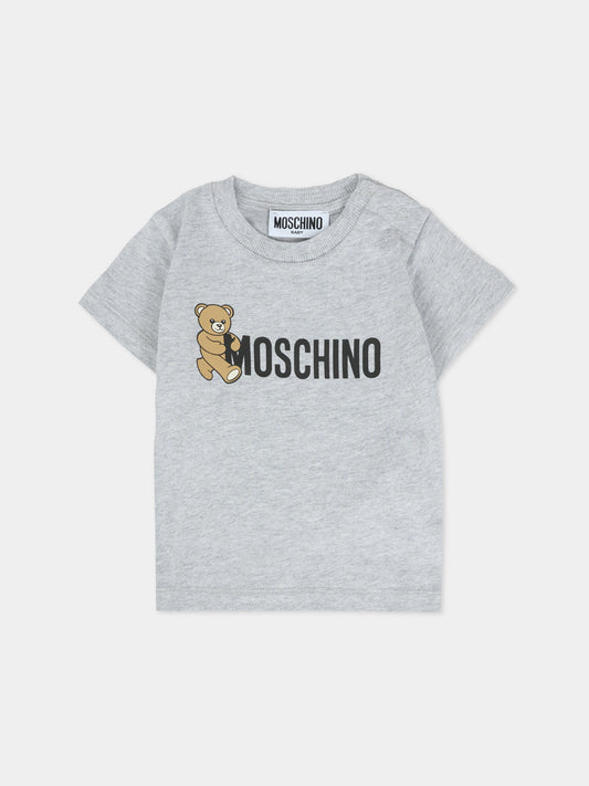 T-shirt grigia per neonati con Teddy Bear e logo,Moschino Kids,MRM047 LAA34 60901