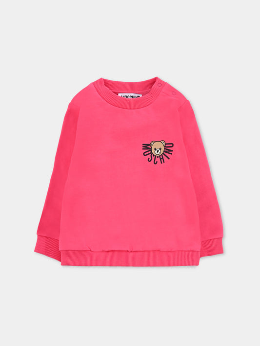 Felpa fucsia per neonata con logo e Teddy Bear,Moschino Kids,MUF063 LCA40 50541